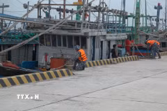 Neo buộc các tàu thuyền trên các đảo ở đặc khu Trường Sa. (Ảnh: TTXVN phát)