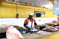 Một quầy thịt lợn trong chợ nông sản 19B ở La Habana (Cuba). (Ảnh: Ngọc Duy/TTXVN)