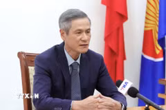 Đại sứ Việt Nam tại Vương quốc Campuchia Nguyễn Minh Vũ trả lời phóng viên TTXVN. (Ảnh: Quang Anh/TTXVN)