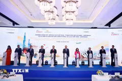 Tổng Bí thư, Chủ tịch nước Tô Lâm và các đại biểu thực hiện nghi thức kỷ niệm 35 năm kết nối hàng không, du lịch Việt Nam-Australia. (Ảnh: Thống Nhất/TTXVN)