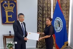 Đại sứ Việt Nam tại Mexico kiêm nhiệm Belize Nguyễn Văn Hải trình Thư ủy nhiệm của Chủ tịch nước Lương Cường lên Toàn quyền Belize Dame Froyla Tzalam. (Ảnh: TTXVN phát)