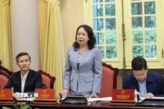 Phó Chủ tịch nước Võ Thị Ánh Xuân, Phó Chủ tịch thứ nhất Hội đồng Thi đua-Khen thưởng Trung ương, Trưởng Ban tổ chức Đại hội phát biểu. (Ảnh: An Đăng/TTXVN)