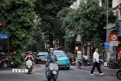 Biển nhận diện vùng phát thải thấp trên phố Hàng Bông, nơi hằng ngày có lượng lớn ôtô, xe máy, xe đạp và người đi bộ qua lại. (Ảnh: Phạm Tuấn Anh/TTXVN)
