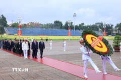Đoàn đại biểu lãnh đạo, nguyên lãnh đạo Đảng, Nhà nước cùng các bộ ngành Trung ương, đến đặt vòng hoa và vào Lăng viếng Chủ tịch Hồ Chí Minh. (Ảnh: Tuấn Anh/TTXVN)