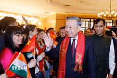 Đại diện cộng đồng, cán bộ nhân viên Đại sứ quán Việt Nam tại Ấn Độ đón Tổng Bí thư, Chủ tịch nước Tô Lâm. (Ảnh: Thống Nhất/TTXVN)