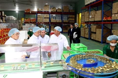 Lãnh đạo DT Group giới thiệu các sản phẩm chế biến sâu từ rong biển và yến sào đạt tiêu chuẩn quốc tế. (Ảnh Đặng Tuấn/TTXVN)