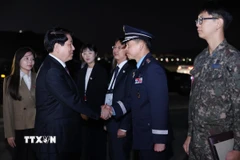 Tiễn Chủ tịch nước Lương Cường tại sân bay Gimhae, kết thúc tốt đẹp chuyến tham dự Tuần lễ Cấp cao APEC lần thứ 32 và làm việc song phương tại Hàn Quốc. (Ảnh: Lâm Khánh/TTXVN)