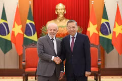 Tổng Bí thư Tô Lâm tiếp Tổng thống Cộng hòa Liên bang Brazil Luiz Inácio Lula da Silva. (Ảnh: An Đăng/TTXVN)
