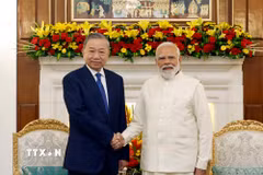 Tổng Bí thư, Chủ tịch nước Tô Lâm và Thủ tướng Ấn Độ Narendra Modi gặp hẹp. (Ảnh: Thống Nhất/TTXVN)