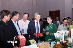 Ông Nguyễn Minh Vũ, Đại sứ Việt Nam tại Campuchia cùng doanh nghiệp Campuchia tham quan gian hàng doanh nghiệp Việt Nam. (Ảnh: Xuân Khu/TTXVN)