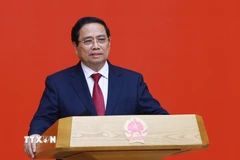 Bí thư Đảng ủy Chính phủ, Thủ tướng Chính phủ Phạm Minh Chính phát biểu chúc mừng. (Ảnh: Dương Giang/TTXVN)