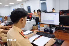 Phòng Cảnh sát giao thông Thành phố Hồ Chí Minh (khu vực Bình Dương) tăng ca, làm cuối tuần để kịp tiến độ cấp giấy phép lái xe. (Ảnh: Huyền Trang/TTXVN)