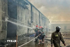 Các lực lượng chức năng phối hợp chữa cháy. (Ảnh: TTXVN phát)