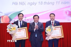 Giáo sư Nguyễn Xuân Thắng trao tặng danh hiệu Chiến sỹ thi đua toàn quốc cho hai cá nhân. (Ảnh:Văn Điệp/TTXVN)
