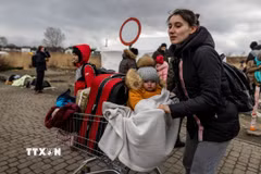 Người tị nạn từ Ukraine tại khu vực biên giới Medyka, Ba Lan. (Ảnh: AFP/TTXVN)