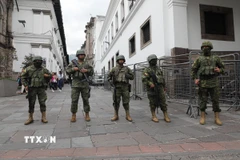 Binh sỹ Ecuador gác bên ngoài dinh Tổng thống ở Quito. (Ảnh: THX/TTXVN)