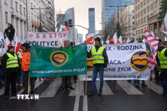 Nông dân tham gia biểu tình phản đối thỏa thuận thương mại tự do EU-Mercosur tại Ba Lan. (Ảnh: PAP/TTXVN)