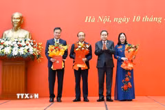 Chủ tịch Quốc hội Trần Thanh Mẫn trao Quyết định và tặng hoa cho các Bí thư các Đảng ủy: Ủy ban Pháp luật và Tư pháp; Ủy ban Dân nguyện và Giám sát, Kiểm toán nhà nước nhiệm kỳ 2025-2030. (Ảnh: Doãn Tấn/TTXVN)