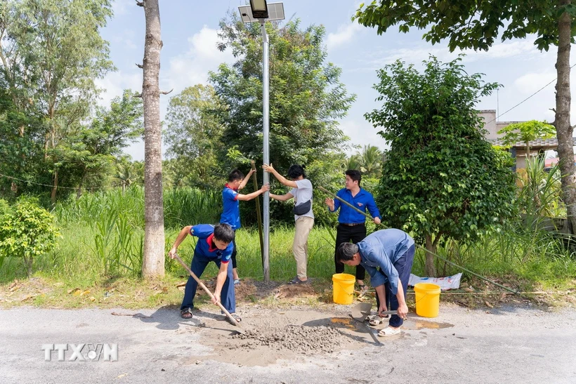 Thực hiện công trình thắp sáng đường quê tại xã Cẩm Sơn, huyện Mỏ Cày Nam, tỉnh Bến Tre. (Ảnh: Ngô Hoàng Long/TTXVN phát)