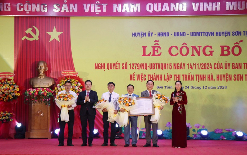 Lãnh đạo Tỉnh ủy Quảng Ngãi trao Nghị quyết thành lập thị trấn Tịnh Hà. (Ảnh: Phạm Cường/TTXVN)