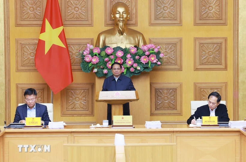 Thủ tướng Phạm Minh Chính chủ trì Phiên họp thứ tư của Ban Chỉ đạo rà soát, xử lý vướng mắc trong hệ thống văn bản quy phạm pháp luật. (Ảnh: Dương Giang/TTXVN)