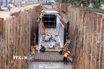 Các hạng mục chính của tuyến cống hộp nối từ khu vực đường Hoàng Minh Thảo đến đường Võ Chí Công ra sông Tô Lịch được đặt mục tiêu hoàn thành trước ngày 30/4. (Ảnh: Quốc Khánh/TTXVN)