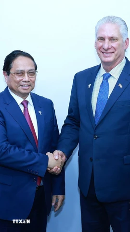 Thủ tướng Phạm Minh Chính gặp Bí thư Thứ nhất Đảng Cộng sản Cuba, Chủ tịch nước Cộng hòa Cuba Miguel Díaz-Canel Bermúdez. (Ảnh: Dương Giang/TTXVN)