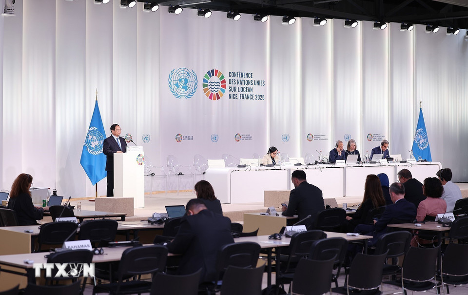 Thủ tướng Phạm Minh Chính phát biểu tại Phiên toàn thể Hội nghị Đại dương Liên hợp quốc lần thứ 3. (Ảnh: Dương Giang/TTXVN)