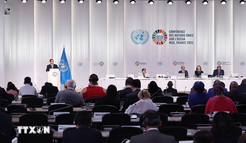 Thủ tướng Phạm Minh Chính phát biểu tại Phiên toàn thể Hội nghị Đại dương Liên hợp quốc lần thứ 3. (Ảnh: Dương Giang/TTXVN)