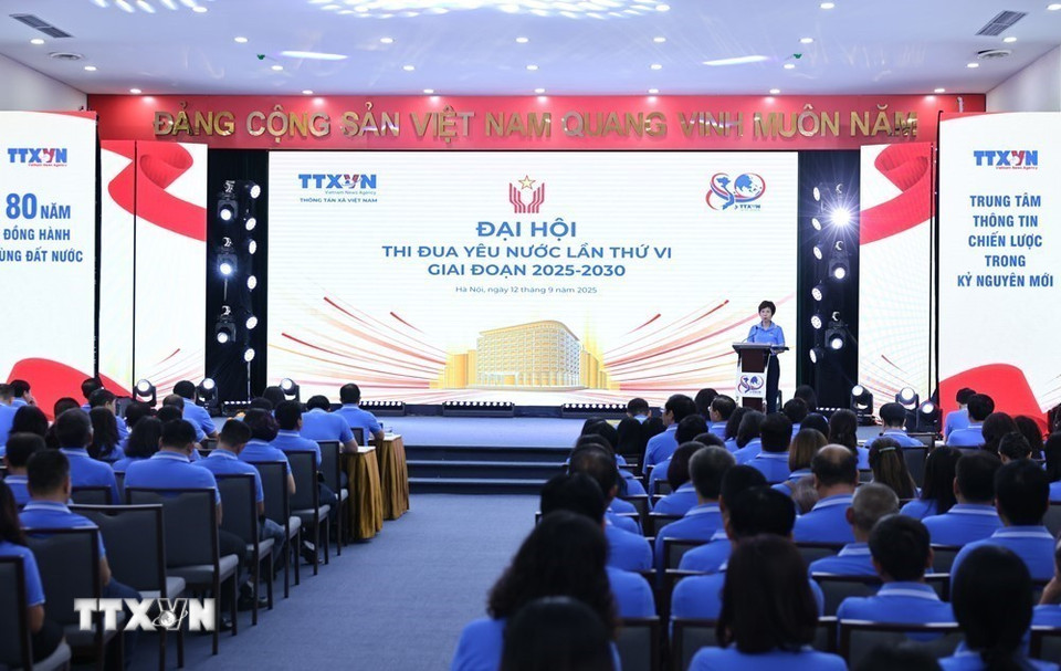 Quang cảnh Đại hội thi đua yêu nước Thông tấn xã Việt Nam lần thứ 6 giai đoạn 2025-2030. (Ảnh: Minh Đức/TTXVN)