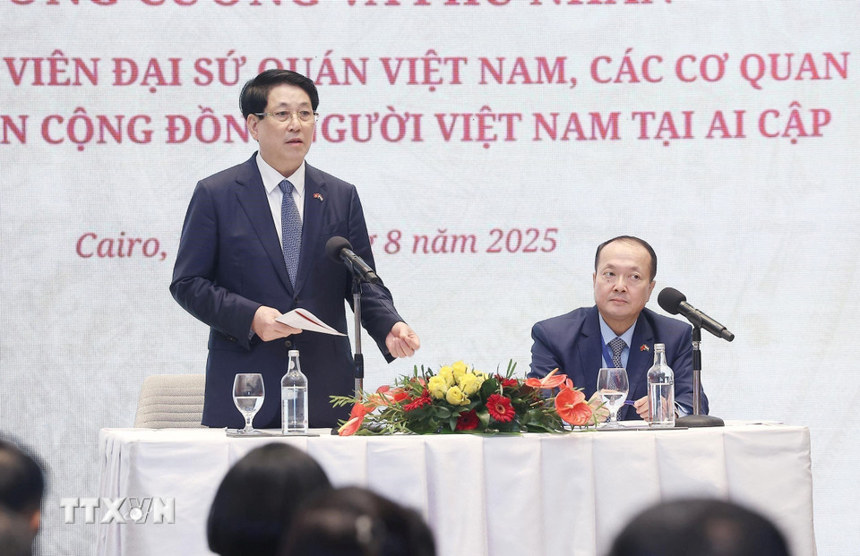 Chủ tịch nước Lương Cường nói chuyện với cán bộ, nhân viên Đại sứ quán, các cơ quan và đại diện cộng đồng người Việt Nam tại Ai Cập. (Ảnh: Lâm Khánh/TTXVN)