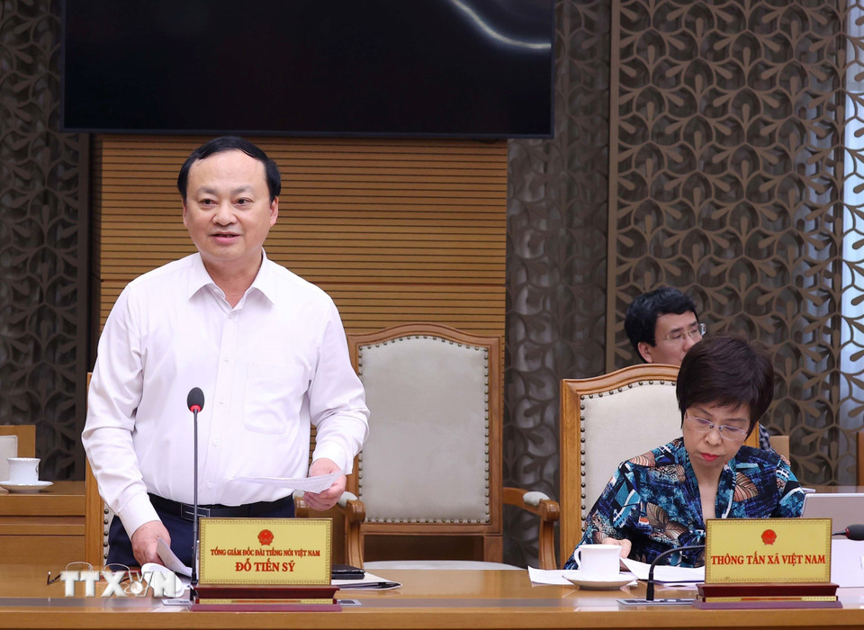 Ông Đỗ Tiến Sỹ, Ủy viên Trung ương Đảng, Bí thư Đảng ủy, Tổng Giám đốc Đài Tiếng nói Việt Nam phát biểu. (Ảnh: Văn Điệp/TTXVN)