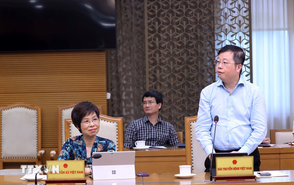 Bí thư Đảng ủy, Tổng Giám đốc Đài Truyền hình Việt Nam Nguyễn Thanh Lâm phát biểu. (Ảnh: Văn Điệp/TTXVN)