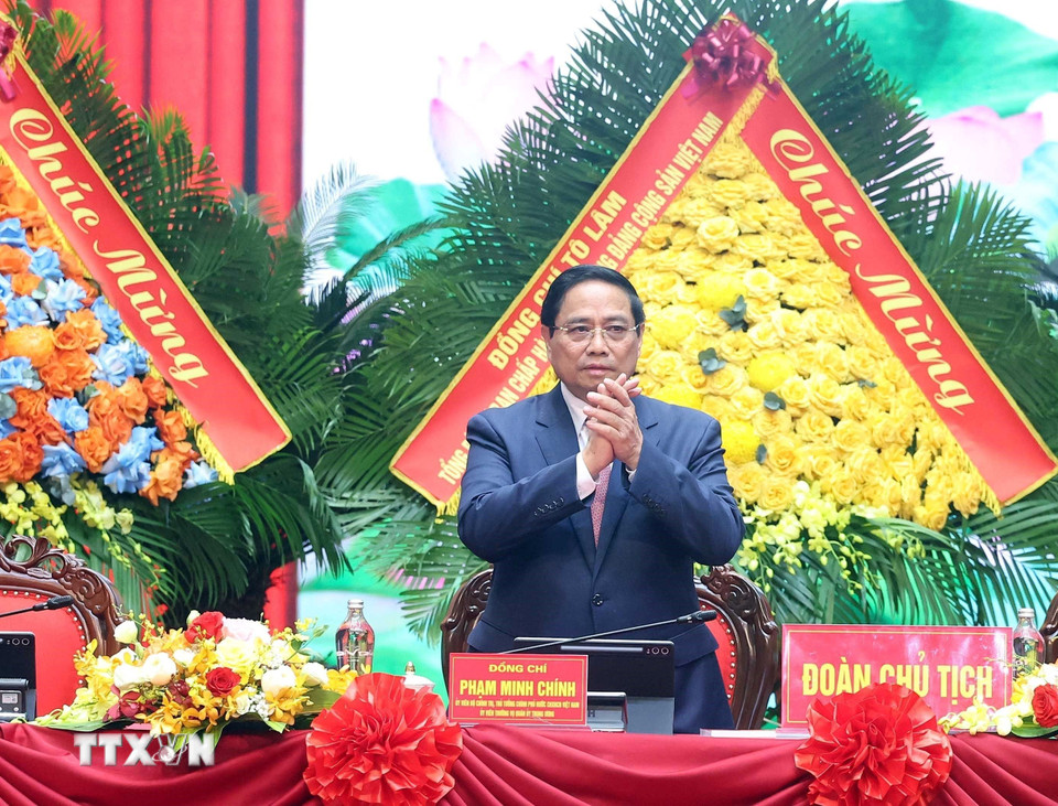 Đồng chí Phạm Minh Chính, Ủy viên Bộ Chính trị, Thủ tướng Chính phủ, Ủy viên Thường vụ Quân ủy Trung ương dự và tham gia Đoàn Chủ tịch Đại hội. (Ảnh: Thống Nhất/TTXVN)