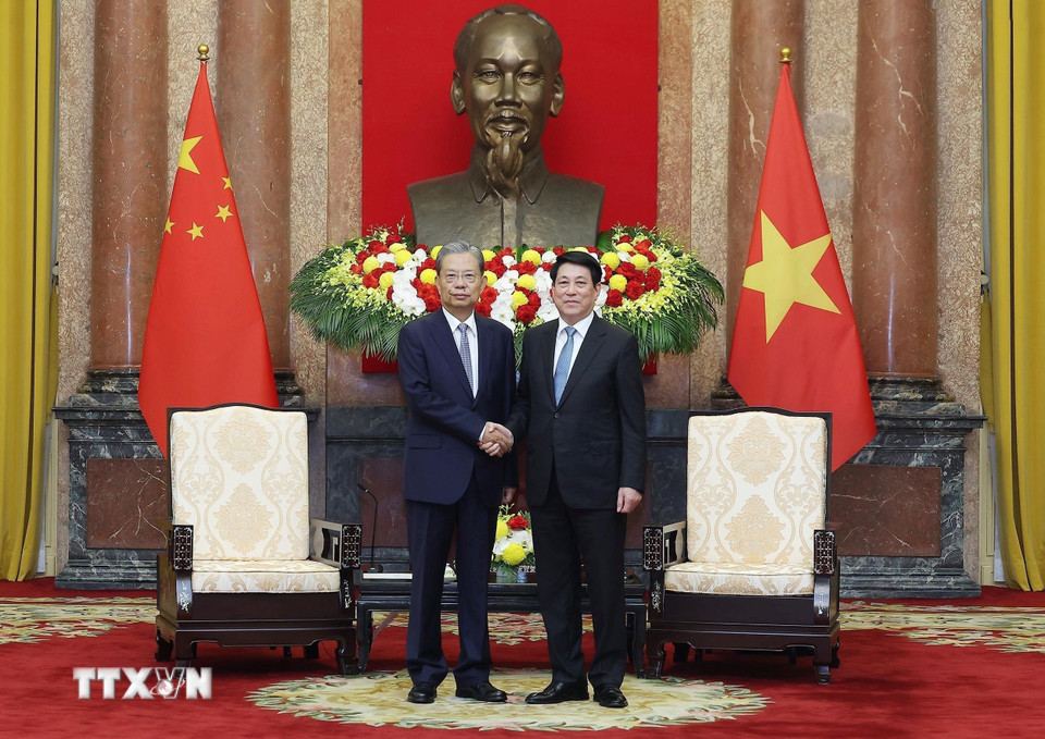 Chủ tịch nước Lương Cường tiếp Ủy viên trưởng Nhân đại toàn quốc Trung Quốc Triệu Lạc Tế. (Ảnh: Lâm Khánh/TTXVN)