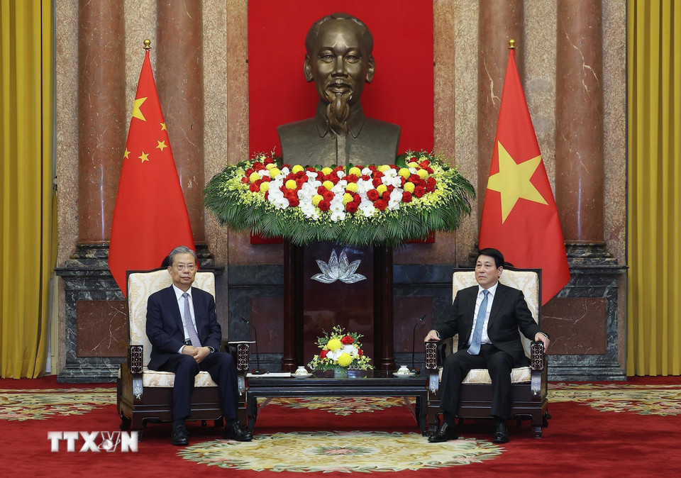 Chủ tịch nước Lương Cường tiếp Ủy viên trưởng Nhân đại toàn quốc Trung Quốc Triệu Lạc Tế. (Ảnh: Lâm Khánh/TTXVN)