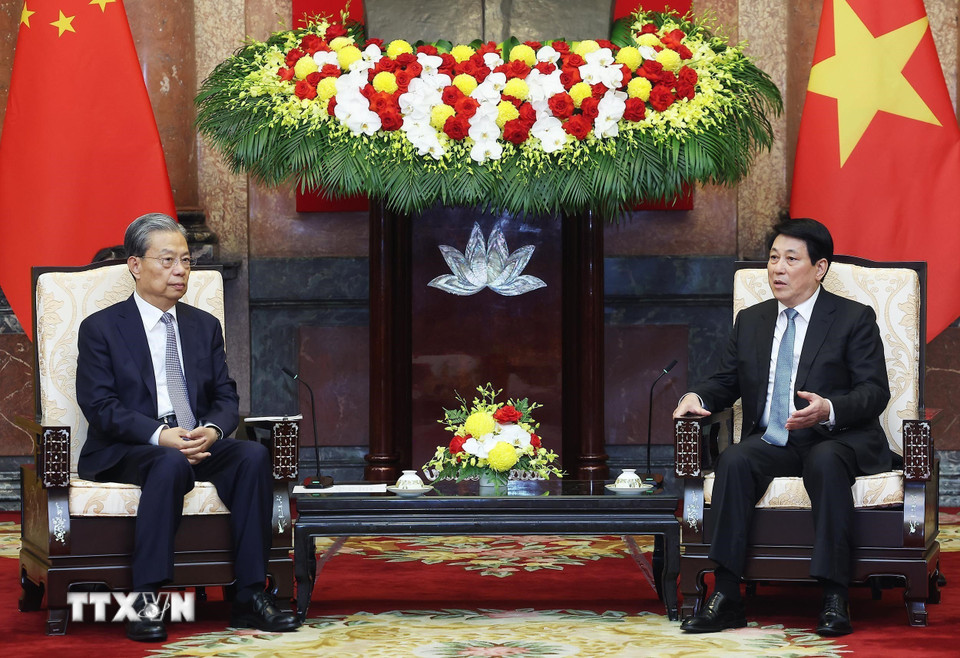 Chủ tịch nước Lương Cường tiếp Ủy viên trưởng Nhân đại toàn quốc Trung Quốc Triệu Lạc Tế. (Ảnh: Lâm Khánh/TTXVN)