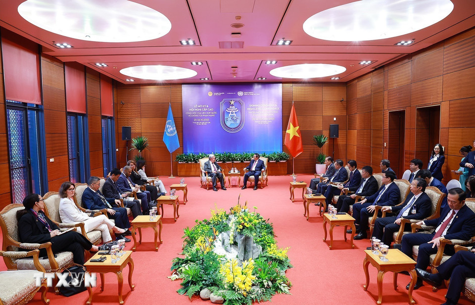 Thủ tướng Phạm Minh Chính gặp Tổng Thư ký Liên hợp quốc António Guterres. (Ảnh: Dương Giang/TTXVN)