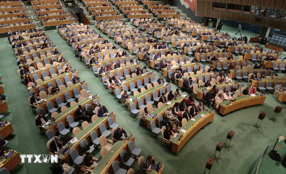 Toàn cảnh phiên họp toàn thể bầu thành viên Hội đồng Nhân quyền Liên hợp quốc nhiệm kỳ 2026-2028. (Ảnh: Thanh Tuấn/TTXVN)
