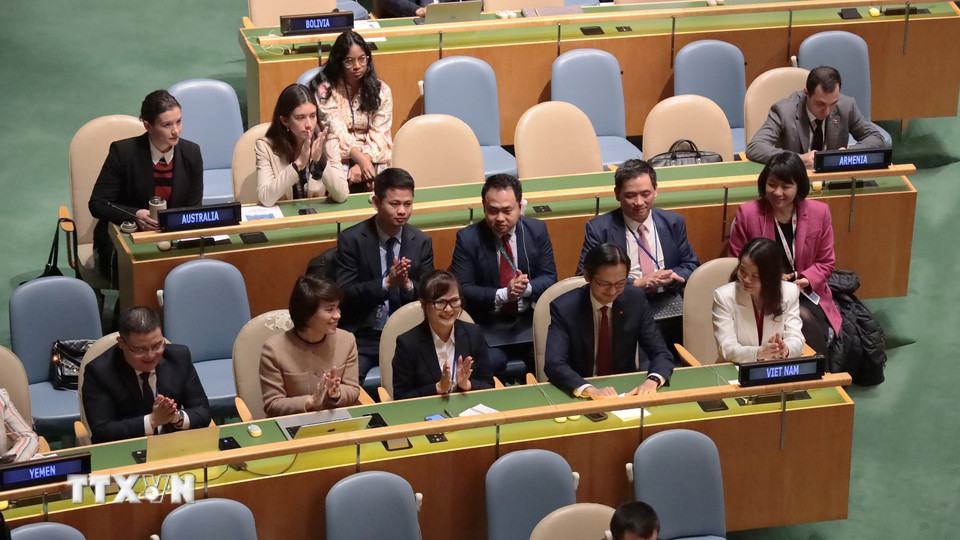 Đoàn Việt Nam sau khi nghe Chủ tịch Đại hội đồng Liên hợp quốc công bố kết quả bỏ phiếu. (Ảnh: Thanh Tuấn/TTXVN)