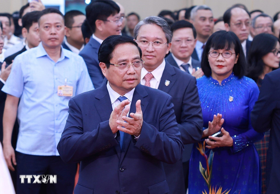 Thủ tướng Phạm Minh Chính đến dự Lễ kỷ niệm 80 năm Ngày truyền thống ngành Tư pháp. (Ảnh: Dương Giang/TTXVN)