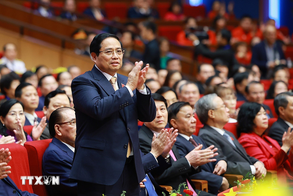 Thủ tướng Phạm Minh Chính, Chủ tịch Hội đồng Thi đua-Khen thưởng Trung ương tại Đại hội Thi đua yêu nước lần thứ XI. (Ảnh: Dương Giang/TTXVN)