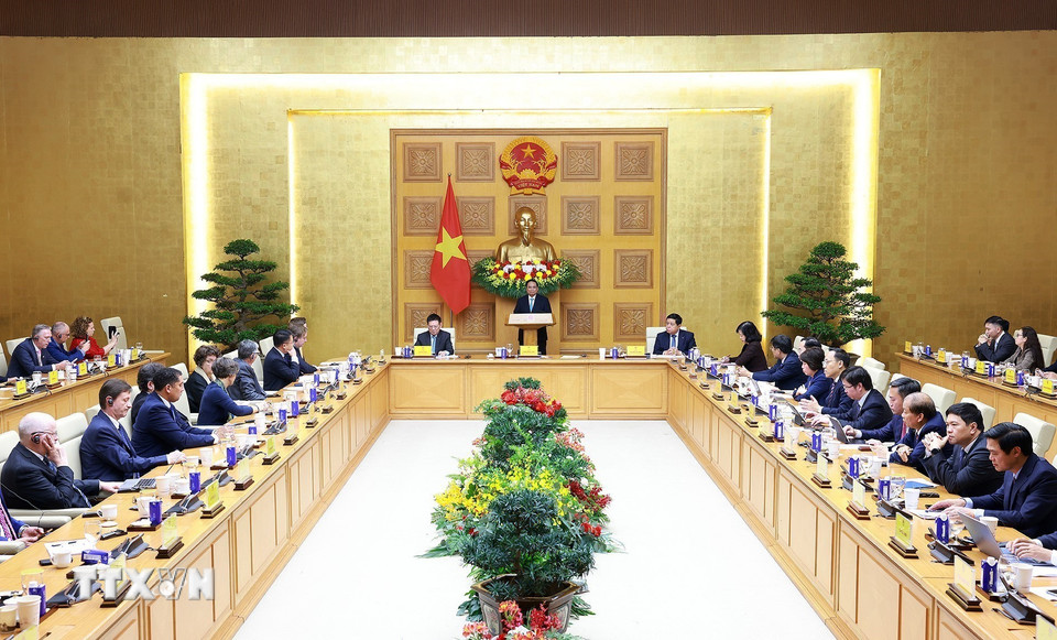 Thủ tướng Phạm Minh Chính phát biểu tại buổi tọa đàm với các doanh nghiệp châu Âu. (Ảnh: Dương Giang/TTXVN)