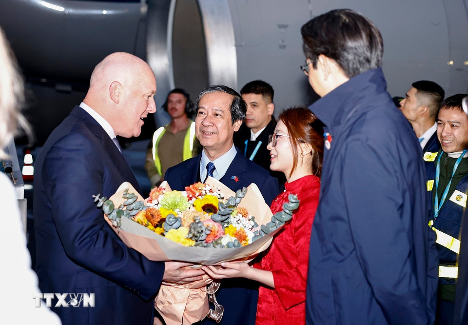 Bộ trưởng Bộ Giáo dục và Đào tạo Nguyễn Kim Sơn, Thứ trưởng Bộ Ngoại giao Đỗ Hùng Việt đón Thủ tướng New Zealand Christopher Luxon tại sân bay quốc tế Nội Bài. (Ảnh: Doãn Tấn/TTXVN)