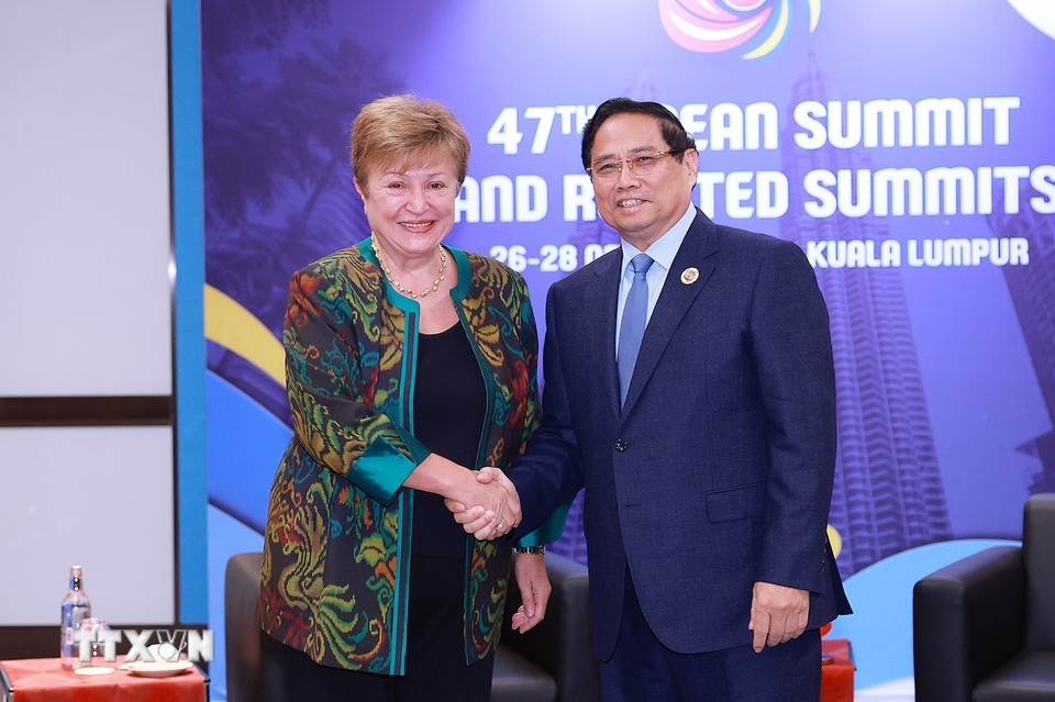 Thủ tướng Phạm Minh Chính gặp Tổng Giám đốc Quỹ Tiền tệ Quốc tế (IMF) Kristalina Georgieva. (Ảnh: Dương Giang/TTXVN)