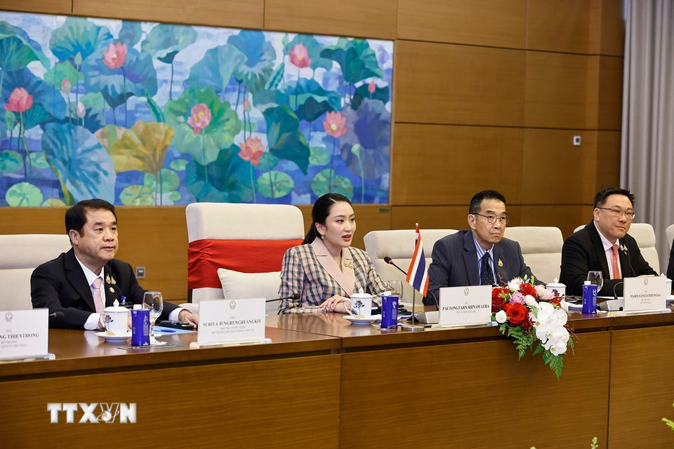 Thủ tướng Paetongtarn Shinawatra và đoàn Thái Lan tại cuộc hội kiến Chủ tịch Quốc hội Trần Thanh Mẫn. (Ảnh: Doãn Tấn/TTXVN)