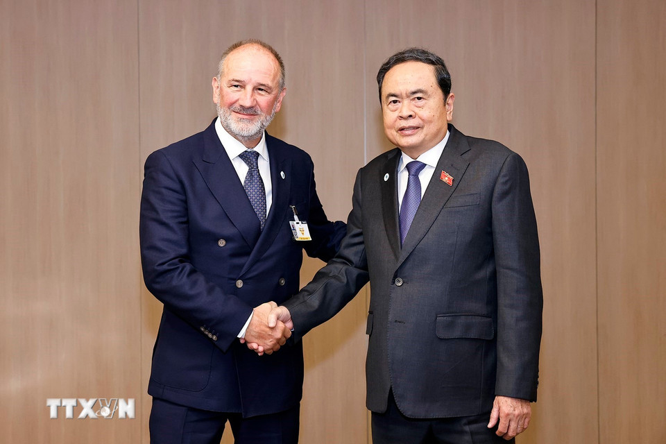 Chủ tịch Quốc hội Trần Thanh Mẫn gặp Chủ tịch Thượng viện Áo Peter Samt. (Ảnh: Doãn Tấn/TTXVN)