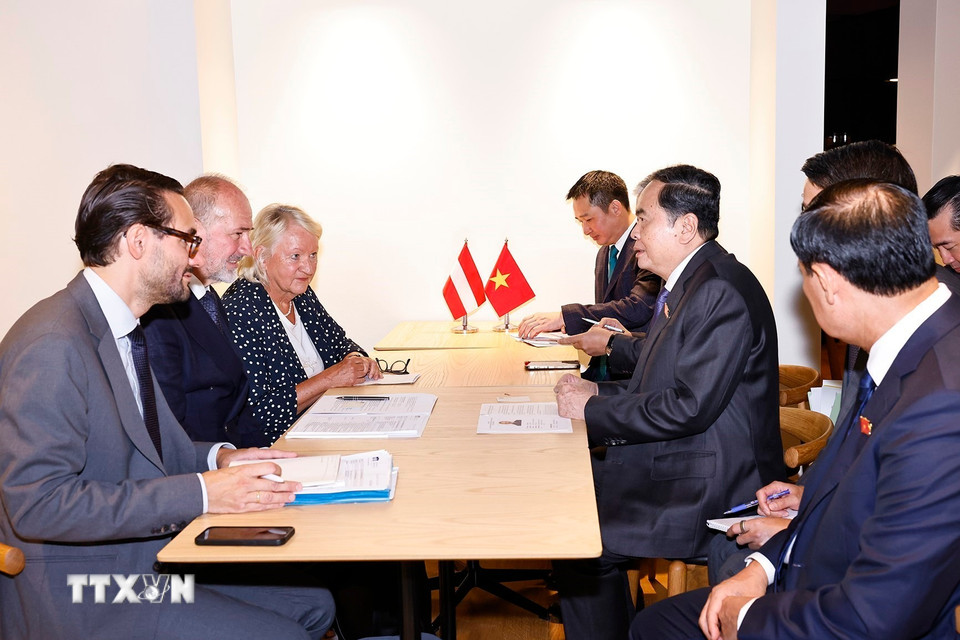 Chủ tịch Quốc hội Trần Thanh Mẫn gặp Chủ tịch Thượng viện Áo Peter Samt. (Ảnh: Doãn Tấn/TTXVN)