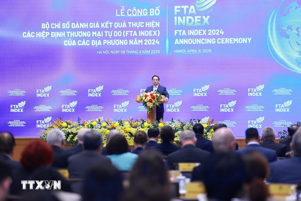 Thủ tướng Phạm Minh Chính phát biểu tại Lễ công bố Bộ chỉ số đánh giá kết quả thực hiện các hiệp định thương mại tự do (FTA INDEX) của các địa phương năm 2024. (Ảnh: Dương Giang/TTXVN)