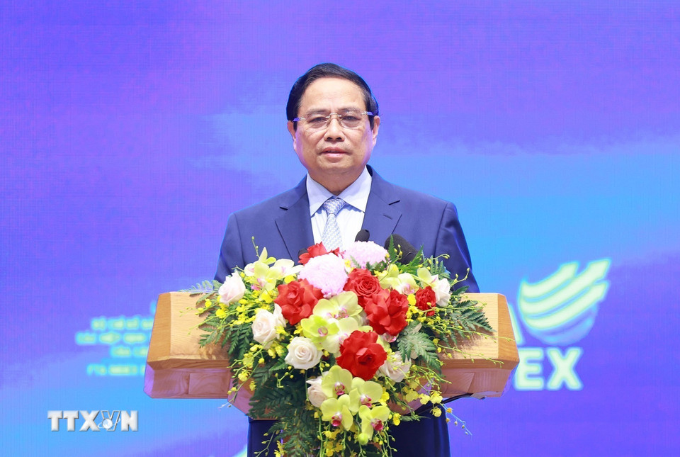 Thủ tướng Phạm Minh Chính phát biểu tại Lễ công bố Bộ chỉ số đánh giá kết quả thực hiện các hiệp định thương mại tự do (FTA INDEX) của các địa phương năm 2024. (Ảnh: Dương Giang/TTXVN)